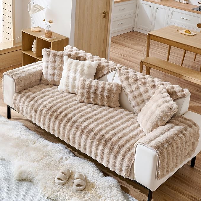 Faux Fur Couch Cover Fuzzy Soft Plush Thick Bubble Sofa Cover Luxury Sectional Couch Covers Luxury Anti-Slip Sofa Slipcover Washable Furniture Protector (Khaki,28"x70")