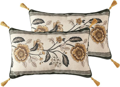 ISAENNE Design Linen Chinoiserie Rectangle Throw Pillow Covers 12"x20" Pack of 2, Farmhouse Cushion Covers with Yellow Floral Birds Pattern Decoration Pillowcases for Bed,Living Room,Outdoor,Car