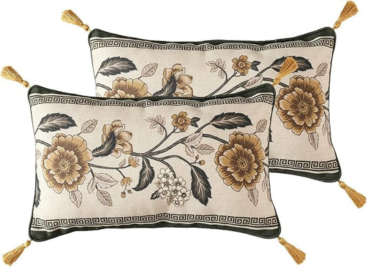 ISAENNE Design Linen Chinoiserie Rectangle Throw Pillow Covers 12"x20" Pack of 2, Farmhouse Cushion Covers with Yellow Floral Birds Pattern Decoration Pillowcases for Bed,Living Room,Outdoor,Car