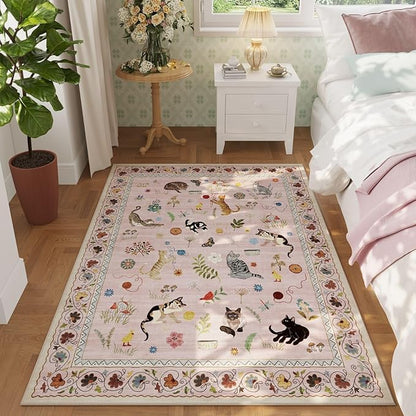 Rugcomf Bedroom Rug 3x5 Rug Washable Area Rug Non Slip Low Pile Boho Floral Animal Cat Small Carpet for Bedroom Bedside Kitchen Entryway Kids Room Office College Dorm Essentials for Girls, Pink