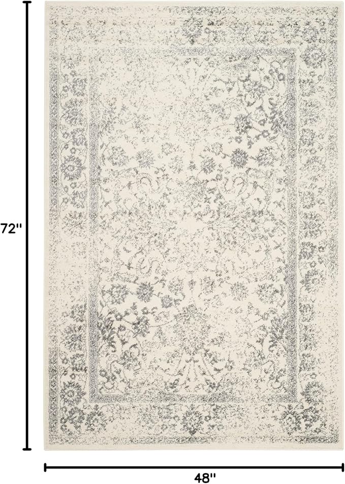 SAFAVIEH Area Rug 4x6 - Adirondack Collection - Ivory & Silver, Distressed Vintage Floral Design, Non-Shedding & Easy to Clean, Ideal for Living Room, Bedroom, Dining Space (ADR109C)