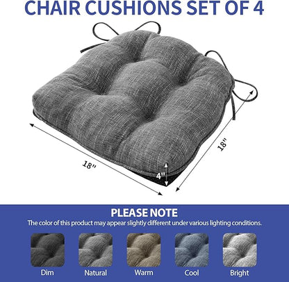 Chair Cushions for Dining Chairs Set of 4, Kitchen Chair Cushions, Chair Pads with Ties and Non Slip Backing, Tufted Memory Foam Seat Cushion 4 Pack, 18" x 18" x 4", Dark Gray