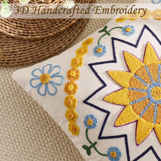 Embroidered Throw Pillow Cover 22x22 Classic Boho Floral Pattern Pillows Cover Outdoor Decorative Pillowcase,Durable Cozy Textured Cushion Case for Sofa Couch Bed Living Room,Yellow