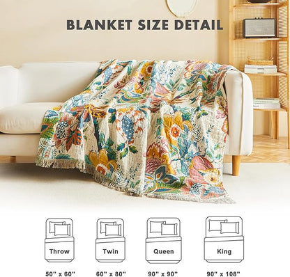 MSGKV Boho Throw Blanket for Bed Couch Twin Size Cotton Vine Blanket 60"x80" Couch Muslin Breathable Lightweight Farmhouse Blankets for All Seasons Home Decor