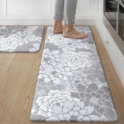 GENIMO Kitchen Mats for Floor, Kitchen Rugs Non Slip Washable Sets of 2, Waterproof Cushioned Anti Fatigue Mat, Floral Runner Rug for Laundry, Sink, Office, Home, 17.3"x47"+17.3"x30", Lavender Grey