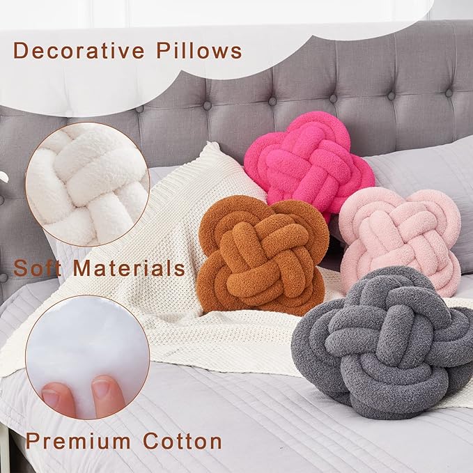 Xiashrk Knot Pillow Ball, 12" Soft Decorative Throw Pillows for Couch Bed, Dark Green Knotted Plush Throw Pillow Handmade Square Cushion Home Couch Decor Pillows for Living Room