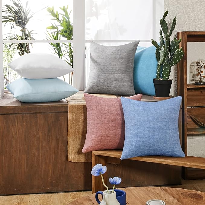 Deconovo Blank Pillow Covers Faux Linen Pillow Shams - Soft Cushion Covers Pillowcases for Patio 24x24 Inch, Lake Blue Set of 4 Case Only No Insert