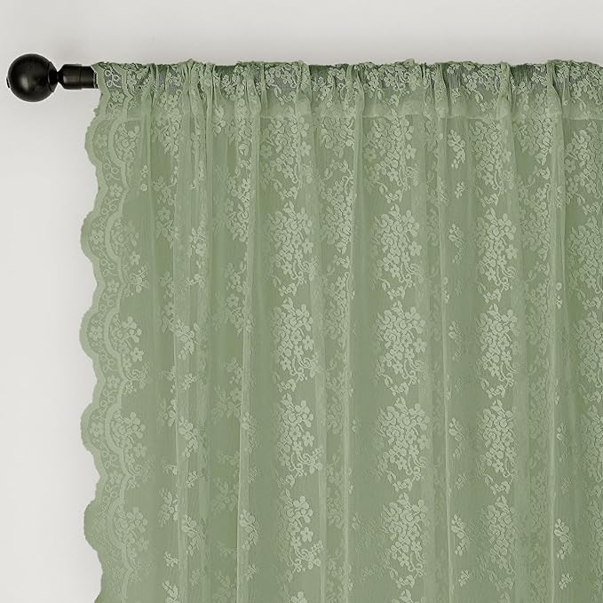 Anmao Vintage Sage Green Lace Curtains 120 Inches Long 2 Panels, Romantic Light Filtering Semi Sheer Floral Thick Lacy Curtain Drapes for Living Room and Bedroom, Each Panel 55W x 120L, Sage Green