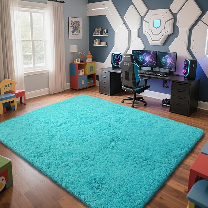 Teal Blue Rug Fluffy Rug, 6x9 Teal Area Rugs for Living Room, Soft Cute Baby Play Mat, Teal Rugs for Bedroom, Nursery, Preppy Dorm, Plush Aesthetic