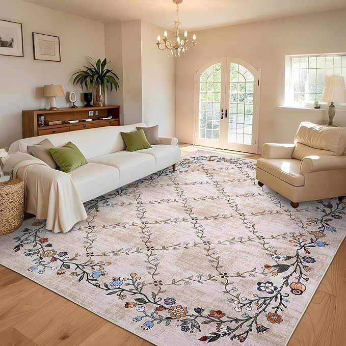 Garveehome 4x6 Washable Floral Area Rugs for Living Room: Modern Floral Non Slip Large Area Rugs for Bedroom, Large Machine Washable Living Room Low Pile Carpet with Non-Slip Backing Beige 4 ft x6 ft.