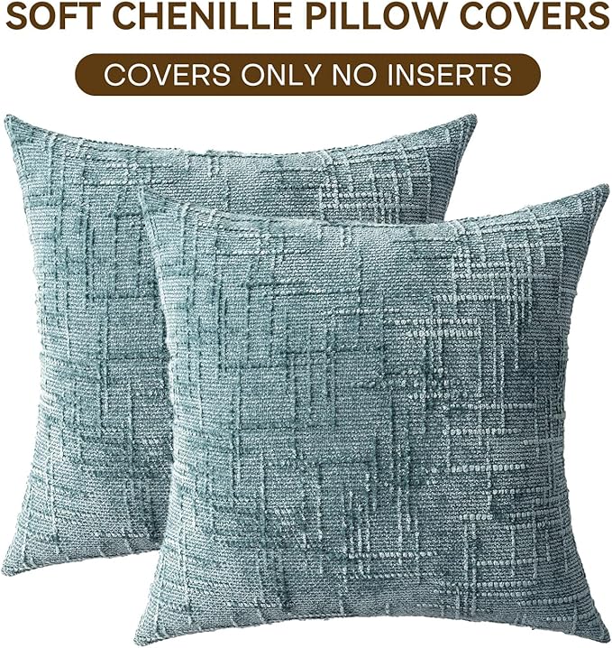 Decorative Throw Pillow Covers 22x22 Inch Set of 2, Soft Solid Farmhouse Chenille Couch Pillows, Spring Pillow Covers for Couch Sofa Bed Living Room Home Decor Pillowcase, Teal