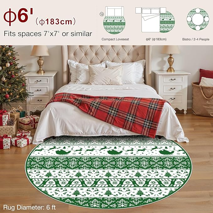 Abstract Living Room Rug Round 6FT - Modern Washable Christmas Soft Thin Area Rug for Living Room Bedroom Under Dining Table - Neutral Indoor Floor Rug Carpets for Home Office Playroom Nursery - Green