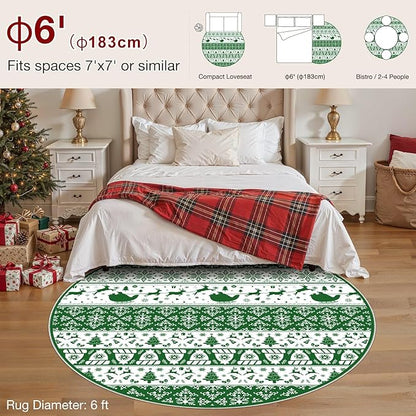 Abstract Living Room Rug Round 6FT - Modern Washable Christmas Soft Thin Area Rug for Living Room Bedroom Under Dining Table - Neutral Indoor Floor Rug Carpets for Home Office Playroom Nursery - Green