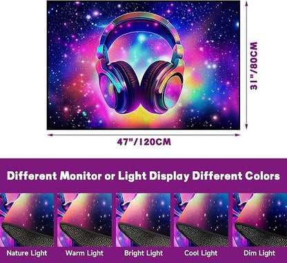 Galaxy Game Area Rug Music Headphone Rugs Colorful Throw Rug Non-Slip Carpet Doormats for Living Room Bedroom Apartment Dorm Floor Mat 47 in X 31 in
