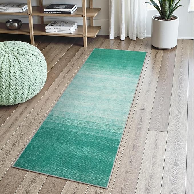 Wonnitar Teal Kitchen Runner Rugs 2x6 ft, Washable Modern Ombre Non-Slip Laundry Room Runner Rug, Abstract Bathroom Carpet Runner Low Pile Floor Carpet for Bedroom Doorway Entryway (Teal, 2'x6')