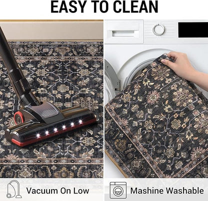 KUTA Vintage Floral Entryway Rug 2x3, Kitchen Rugs Non-Slip Washable Throw Rug, Brown Ultra Thin Soft Print Front Door Mat Indoor Doormat for Entrance, Bedside, or Small Spaces