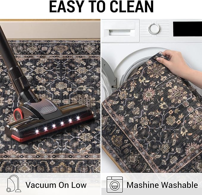 KUTA Runners for Hallways 2x6, Vintage Floral Rug Non-Slip Washable Kitchen Rugs Brown Ultra Thin Soft Printed Distressed Flower Carpet Entryway Rugs for Bedroom Laundry Nursery