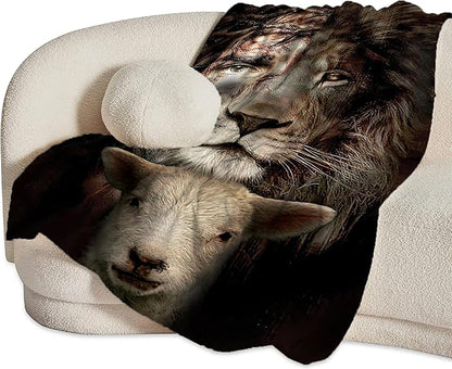 Christian Jesus Lion & Lamb Throw Blanket - Soft, Warm, Cozy Fleece for Men, Women, Adults - 50"x40"