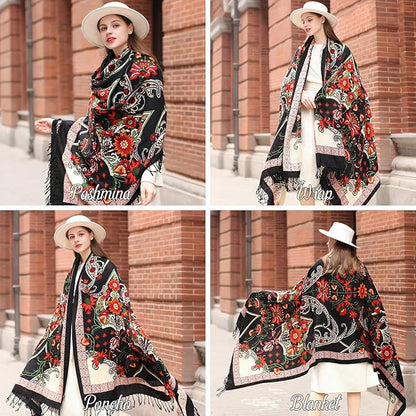 DANA XU 100% Merino Wool Pashmina Shawl for Women 96"x43", Oversized Cashmere Wrap with Tassels, Floral Travel Blanket Cape