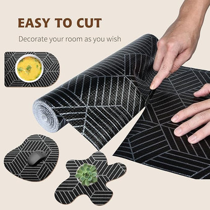 Shelf Liners for Kitchen Cabinets 17.3in x 20FT, Non Adhesive Cabinet Liner Strong Non-Slip Black and Silver Geometric Drawer Liner, Easy to Clean for Cabinet with Knife and Tape Measure