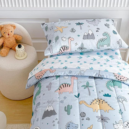 Joyreap 4 Piece Toddler Bedding Set, Cute Dinosaur on Light Blue, Ultra Soft Microfiber Toddler Comforter for Kids Boys Girls, Includes Quilted Comforter, Fitted Sheet, Top Sheet, and Pillow Case