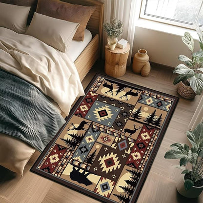 Rustic Rug for Bedroom,Cabin Wildlife Area Rug 3x5 Throw Carpet,Buffalo Plaid Bear Moose Deer Country,Ultra-Thin Washable Kitchen Rugs Indoor Entryway Rug Non Slip Floor Carpets for Living Room,Office