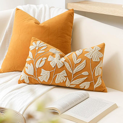 BlissBlush Fall Throw Pillow Cover 12x20, Yellow Mustard Soft Velvet Floral Decorative Lumbar Accent Throw Pillowcase, Tufted Farmhouse Textured Pillowcase for Couch Sofa Bed Living Room Home Décor
