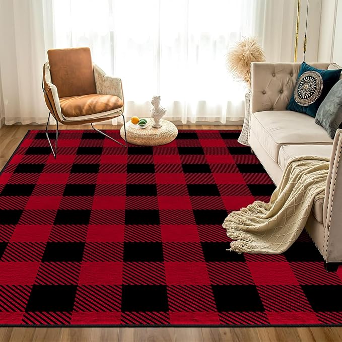 9CH Red Black Buffalo Plaid Rug 7' x 5', Christmas Faux Wool Area Rugs Non-Slip, Red Buffalo Check Rugs Carpet for Kitchen Living Room Bedroom