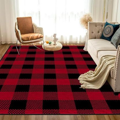 9CH Red Black Buffalo Plaid Rug 7' x 5', Christmas Faux Wool Area Rugs Non-Slip, Red Buffalo Check Rugs Carpet for Kitchen Living Room Bedroom
