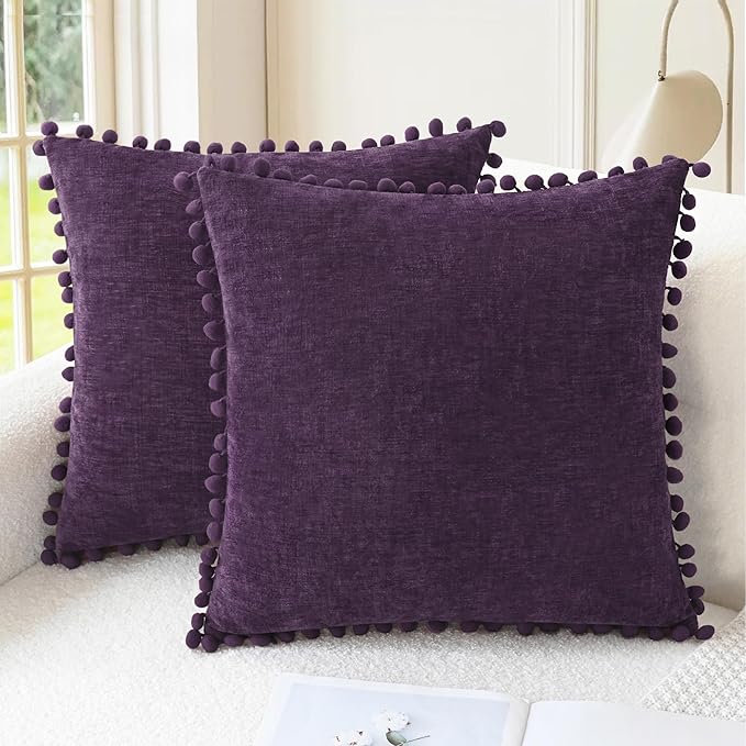 CaliTime Throw Pillow Covers Decorative 20 X 20 Inches Pack of 2 Cozy Solid Dyed Soft Chenille Cushion Cases with Pom Poms for Couch Sofa Bed Living Room Home Plum Purple
