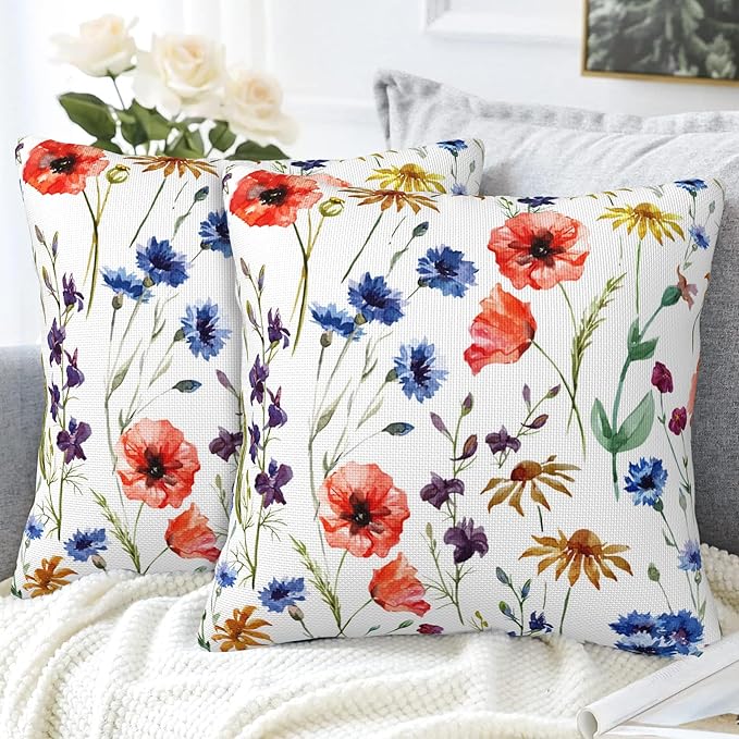 Wildflowers Throw Pillow Covers Set of 2 Watercolor Poppy Pillow Covers 16x16 Inch Modern Farmhouse Home Decorative Pillow Cases Cushion Cover for Sofa Living Room Office