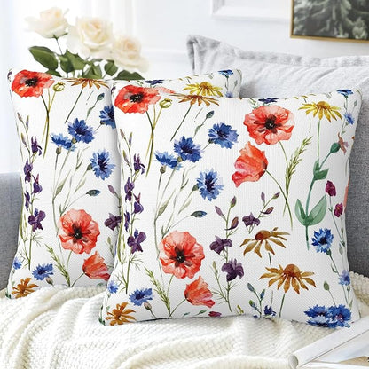 Wildflowers Throw Pillow Covers Set of 2 Watercolor Poppy Pillow Covers 18x18 Inch Modern Farmhouse Home Decorative Pillow Cases Cushion Cover for Sofa Living Room Office