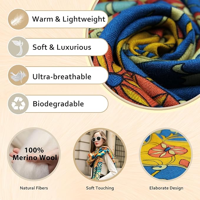 DANA XU 100% Merino Wool Extra Large Pashmina Blanket Travel Scarf Cashmere Wrap for Women Fall Winter Oversize Shawl Floral