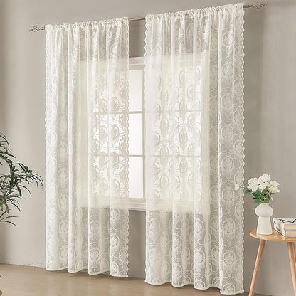 Ivory Vintage Country Floral Lace Sheer Curtains 96 Inches Long -Rod Pocket Light Filtering French Privacy Scalloped Edges Rod Pocket Boho Bedroom ，52 x 96 Inch, 2 Panels