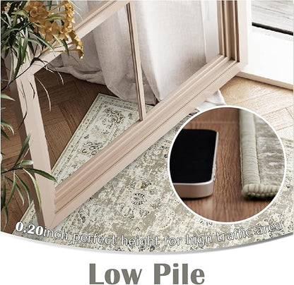 jinchan Fiora Washable Area Rug 8x10 for Living Room - Soft Faux Wool Ultra-Thin Stain Resistant Non-Slip Distressed Vintage Floral Large Carpet for Bedroom, Home Office, Nursery(Taupe, 8'x10')