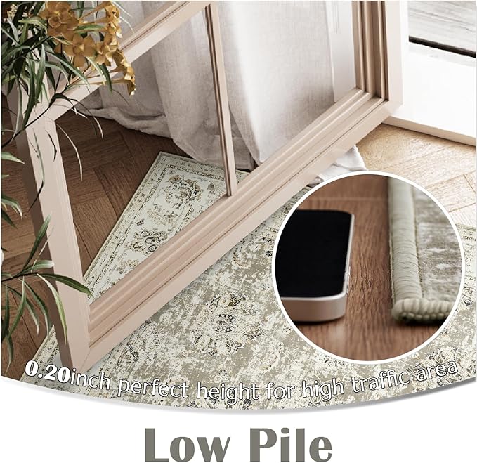 jinchan Fiora Washable Area Rug 4x6 Ultra-Thin Low Pile Non Slip Stain Resistant Soft Faux Wool Floral Rug Distressed Boho Vintage Carpet for Bedroom, Living Room, Kitchen, Nursery(Taupe, 4' x 6')