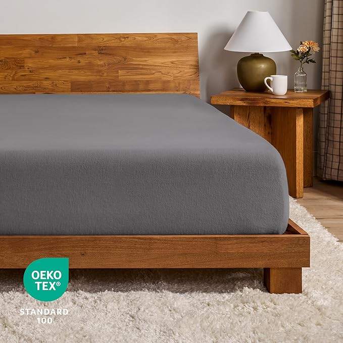 Bare Home 2 Fitted Bottom Sheets 100% Cotton Velvet Flannel (2-Pack) - Extra Soft Heavweight - Double Brushed Flannel - Deep Pocket (Queen, Grey)