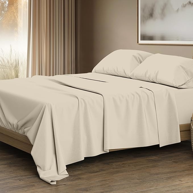 THREAD SPREAD 100% Egyptian Cotton King Size Sheets Set - Luxury 1500 Thread Count Egyptian Cotton Sheets King Size, 17" Deep Pocket, Soft, Cooling Sateen Weave Hotel Quality Bedding Set - Beige