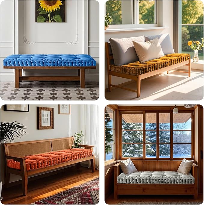 Custom Tufted Bench Cushion,Bench Seat Cushions, Velvet Window Seat Cushion with Anti-Slip Mat and Handle