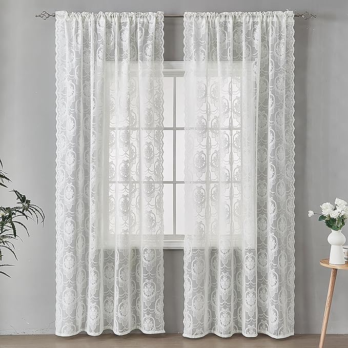 Bright White Vintage Country Floral Lace Sheer Curtains 96 Inches Long -Rod Pocket Light Filtering French Privacy Scalloped Edges Rod Pocket Boho Bedroom ，52 x 96 Inch, 2 Panels