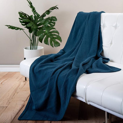 Sticky Toffee Cotton Throw Blanket 60x50 in – Soft Lightweight Woven Blue Blanket for Couch or Bed, Herringbone Weave, Boho Farmhouse Style