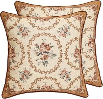 patdrea Designer Vintage Floral Throw Pillow Covers for Couch Set of 2,Brown Linen Pillowcases with Bird and Rose Pattern Decorative Square Cushion for Bed Living Room Outdoor Cafe Car,18"x18"