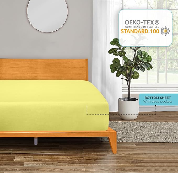 ROYALE LINENS 300 Thread Count 100% Long Staple Combed Cotton Fitted Sheet King - Super Soft Deep Pocket Bottom Sheet - Fitted Sheets Only - Elastic Sheets (King, Yellow)