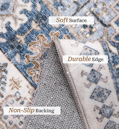 zesthome 8x10 Area Rugs for Living Room,Non-Slip Backing Washable Rugs,Vintage Large Area Rug,Stain Resistant Home Decor Rug (Blue/Beige,8'x10')
