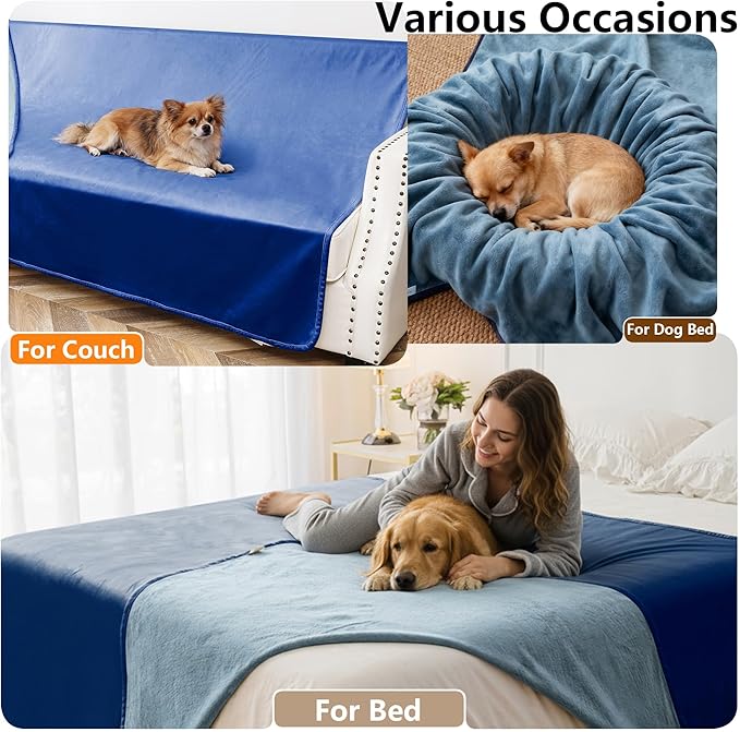 Waterproof Blanket for Bed, Leak Proof Dog Couch Blankets Reversible, Pet Throw Sofa Furniture Protector Machine Washable-82 x120,Navy Blue+Stone Blue