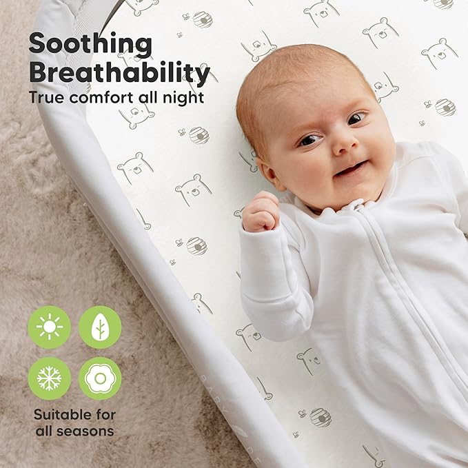 2-Pack Organic Bassinet Sheets for Girls, Boys - 100% Cotton Bassinet Mattress Sheets Compatible with Halo Bassinest Swivel Sleeper, Graco, Baby Delight, Chicco, Fitted Bassinet Sheets (Bumble Bear)