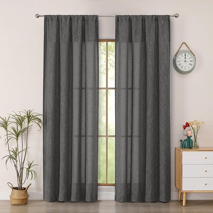 Simplebrand Grey Faux Linen Textured Semi Sheer Curtains 72 Inches Long 2 Panels Set, Light Filtering Privacy Farmhouse Curtains, Soft Window Drapes Rod Pocket Top for French Door, Bedroom, 40W x 72L
