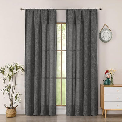 Simplebrand Grey Faux Linen Textured Semi Sheer Curtains 72 Inches Long 2 Panels Set, Light Filtering Privacy Farmhouse Curtains, Soft Window Drapes Rod Pocket Top for French Door, Bedroom, 40W x 72L