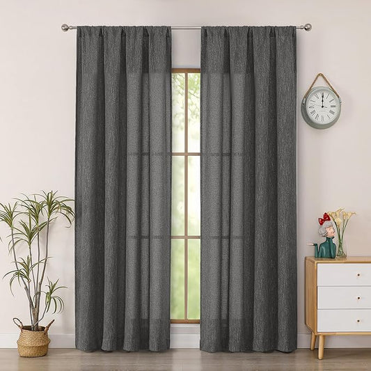 Simplebrand Grey Faux Linen Textured Semi Sheer Curtains 72 Inches Long 2 Panels Set, Light Filtering Privacy Farmhouse Curtains, Soft Window Drapes Rod Pocket Top for French Door, Bedroom, 40W x 72L