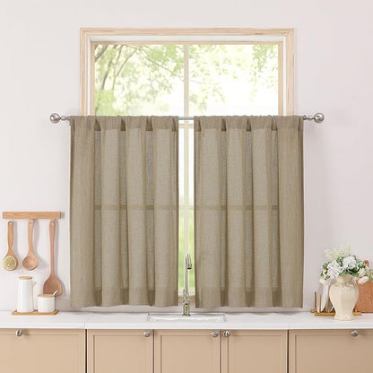 Simplebrand Taupe Short Faux Linen Textured Cafe Kitchen Curtains 36 Inch Length 2 Panels, Over Sink Semi Sheer Farmhouse Light Filtering Panels Rod Pocket Drapes for Bathroom Window, 40 x 36 Inch
